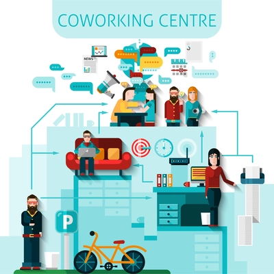 Coworking centre composition with communication and transport symbols flat vector illustration