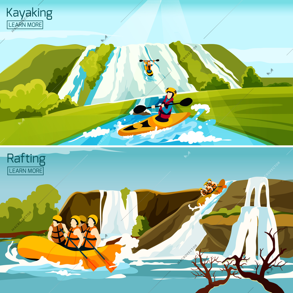 Two colorful active water sport compositions with people busy in rafting canoeing kayaking flat vector illustration