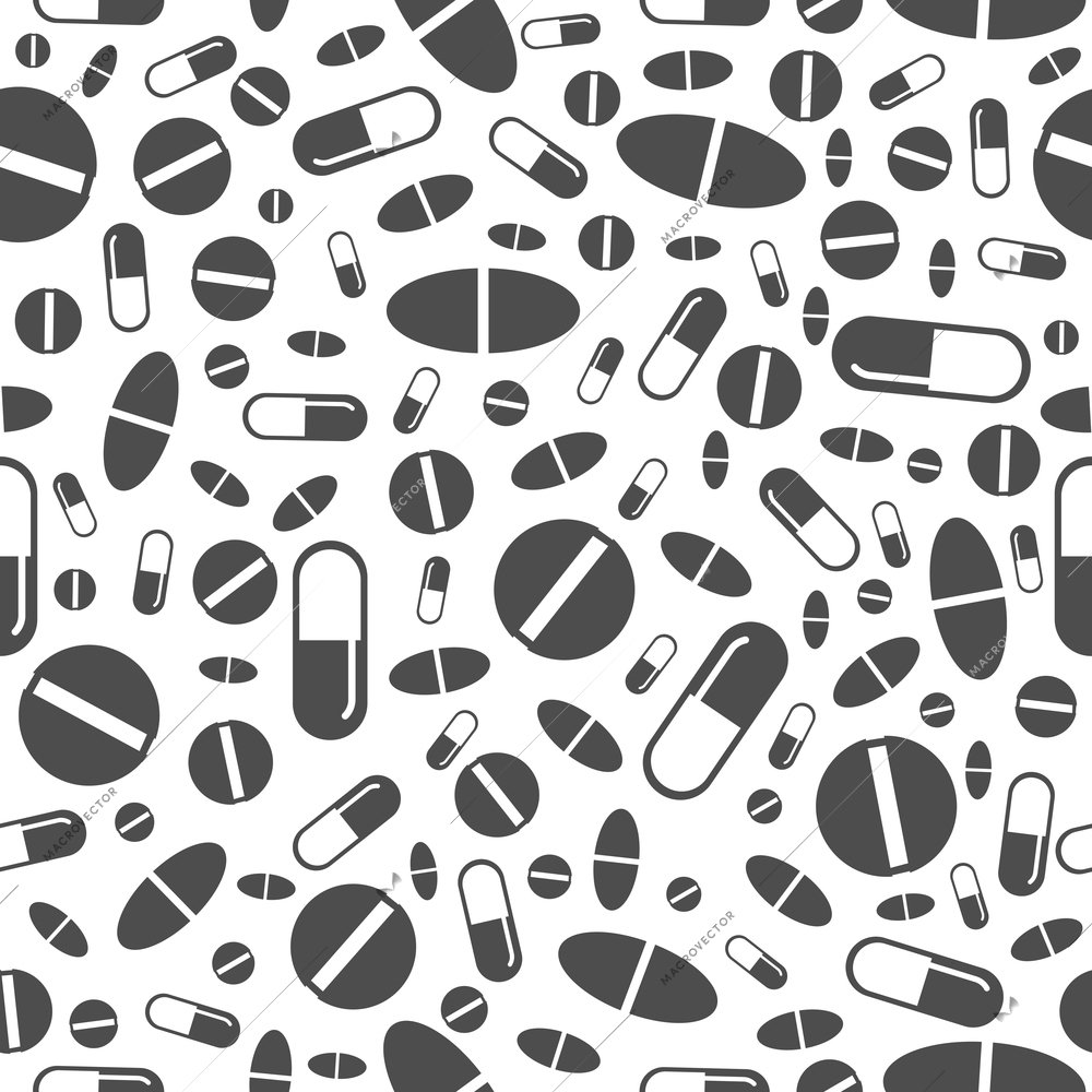 Black and white pharmacy seamless pattern with pills and capsules vector illustration