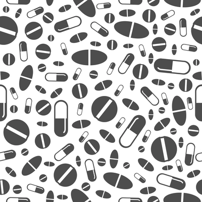 Black and white pharmacy seamless pattern with pills and capsules vector illustration