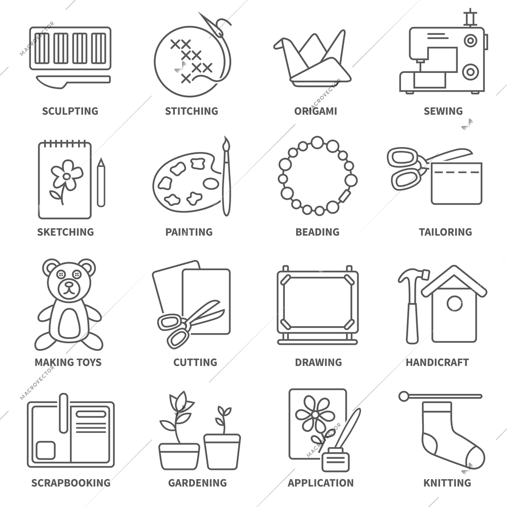 Hobby flat line icons set with sketching painting gardening symbols isolated vector illustration