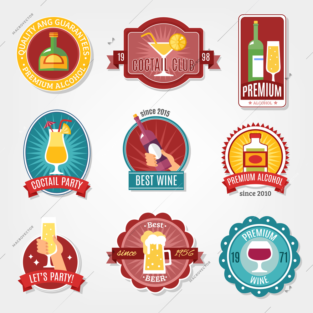 Alcohol labels flat design set for best wine and high quality alcohol beverages isolated vector illustration