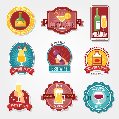 Alcohol labels flat design set for best wine and high quality alcohol beverages isolated vector illustration