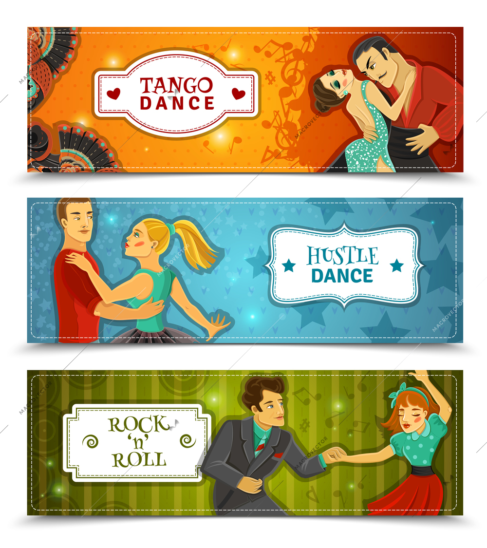 Tango hustle rock and roll dance 3 horizontal flat retro disco banners set abstract isolated vector illustration