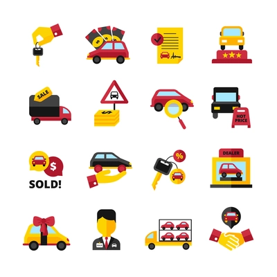 Car dealership flat decorative icons set with vehicles keys handshake salesperson contract isolated vector illustration