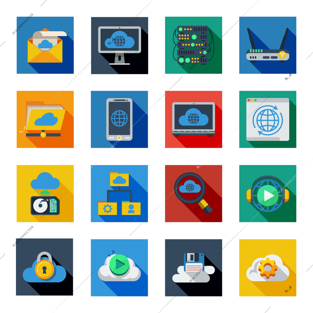 Cloud service icons in isolated colorful squares with smartphone server rack laptop padlock symbols flat shadow vector illustration