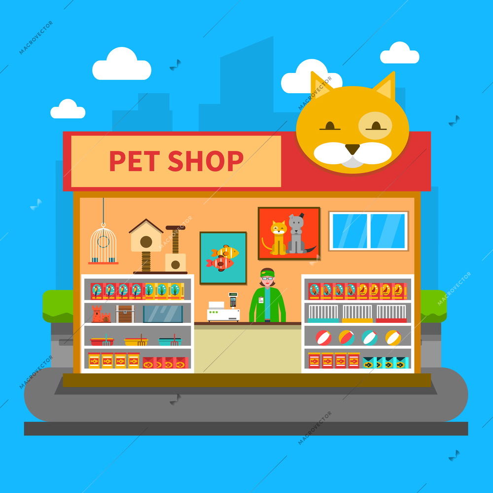 Pet shop concept with animal accessories store indoors flat vector illustration
