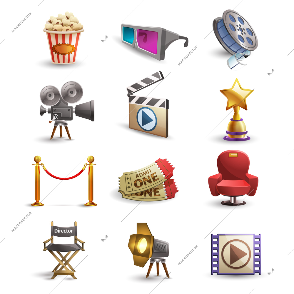 Cinema icons set with popcorn 3d glasses and film reel isolated vector illustration