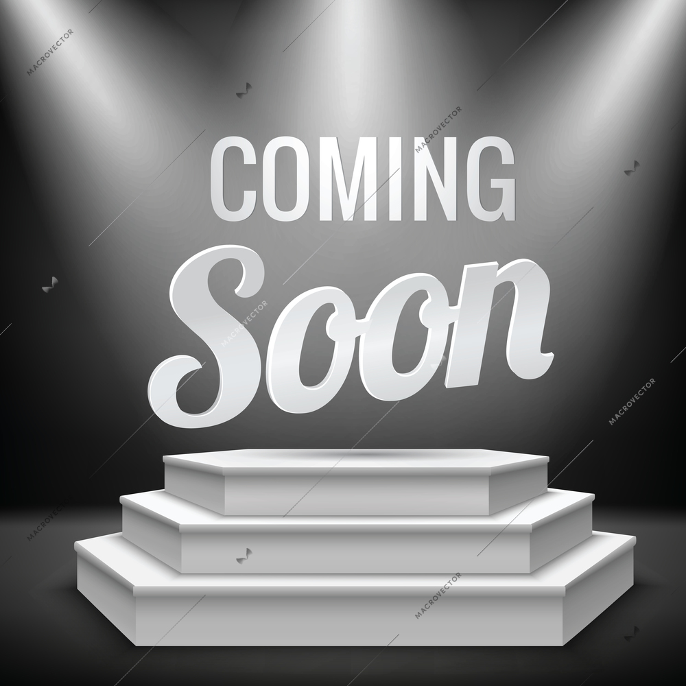 Coming soon new product promotion on illuminated with stage light blank podium realistic background vector illustration