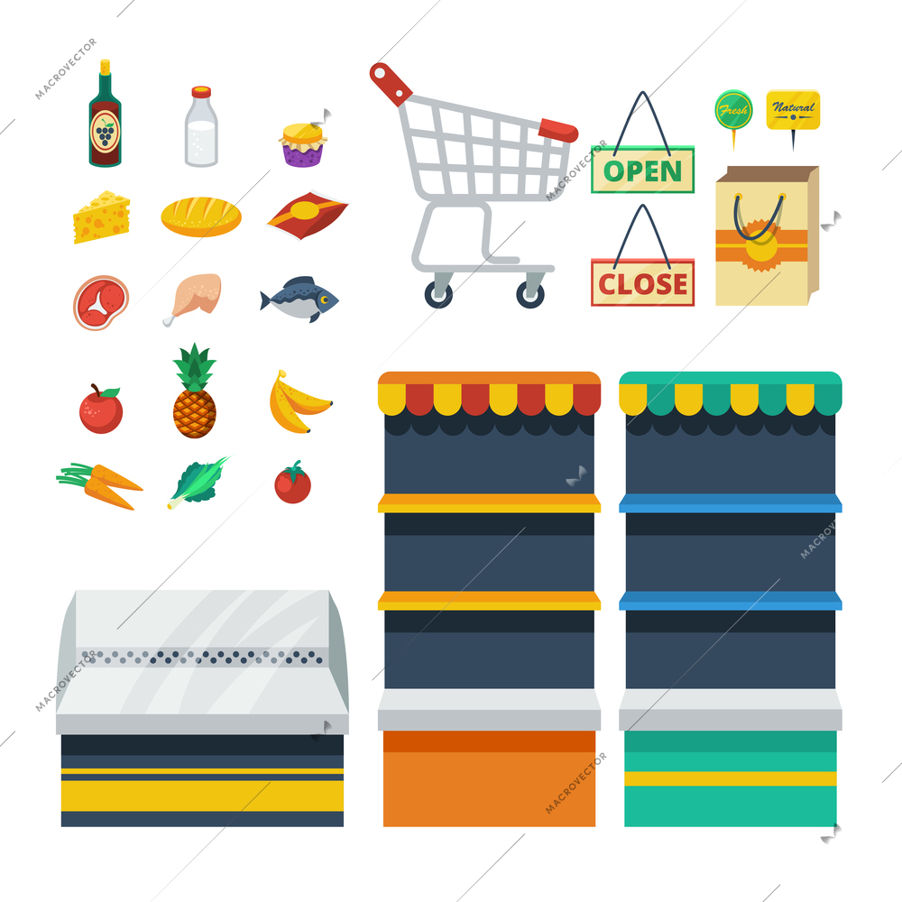 Supermarket flat decorative icons collection with food products shopping cart store shelves paper bag isolated vector illustration