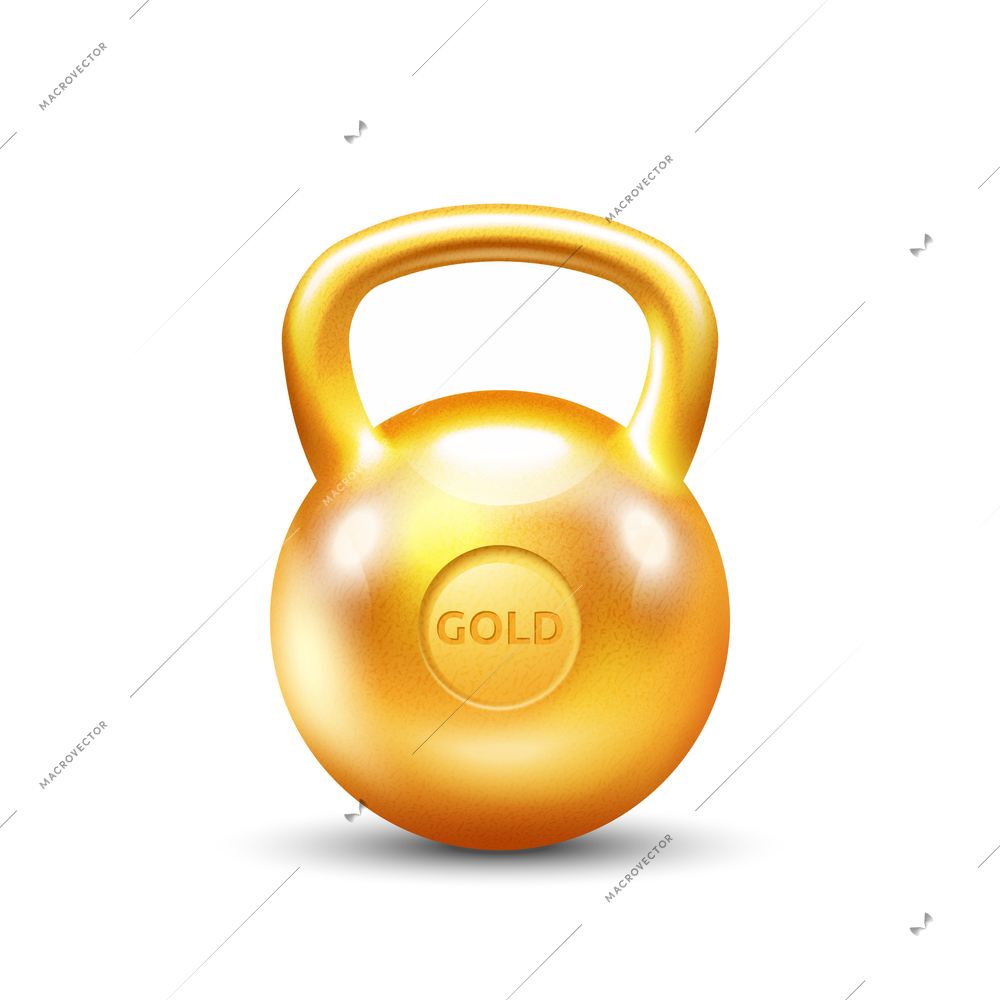 Golden gym kettlebell on white background in 3D style isolated vector illustration