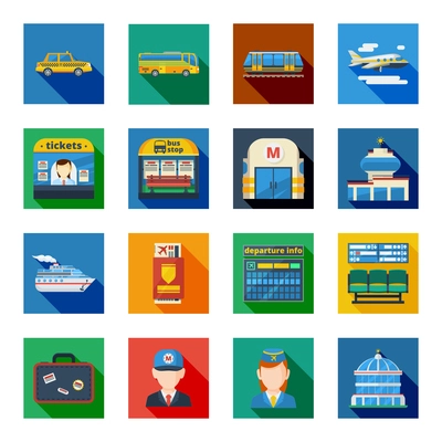 Passenger transportation flat square icons set with public transport and employees of metro and air terminal isolated vector illustration