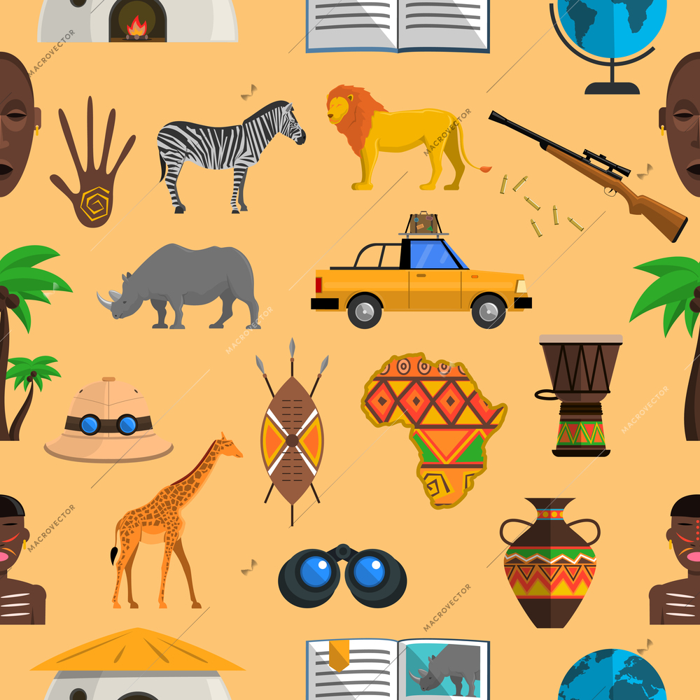 Africa seamless pattern with hunting equipment and safari animals vector illustration