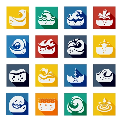 Swirling white spume wave icons set in colorful isolated squares flat vector illustration