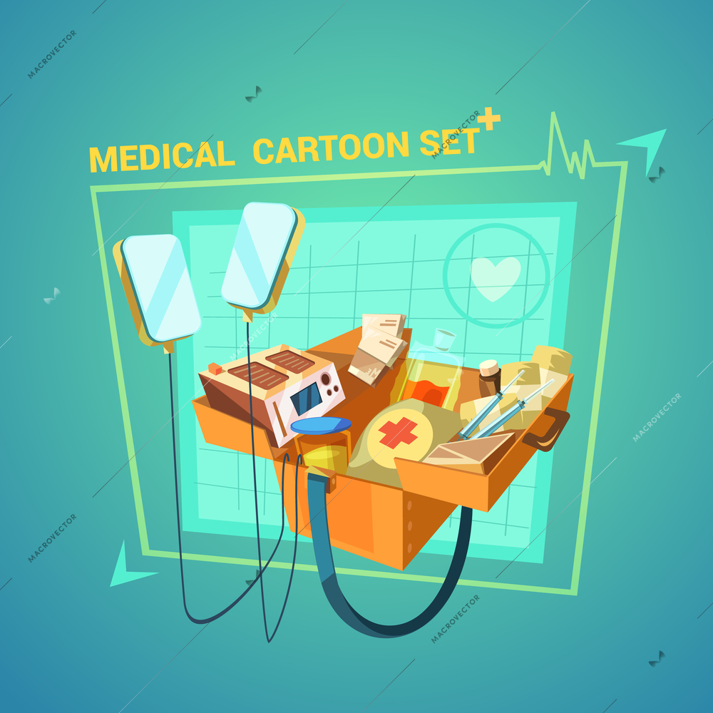 Medical cartoon set with heart and injury treatment symbols vector illustration