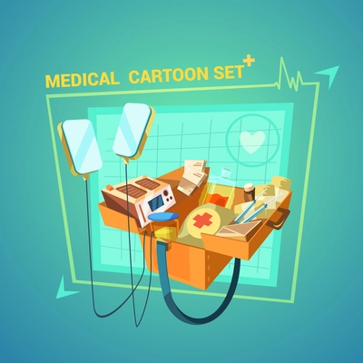 Medical cartoon set with heart and injury treatment symbols vector illustration