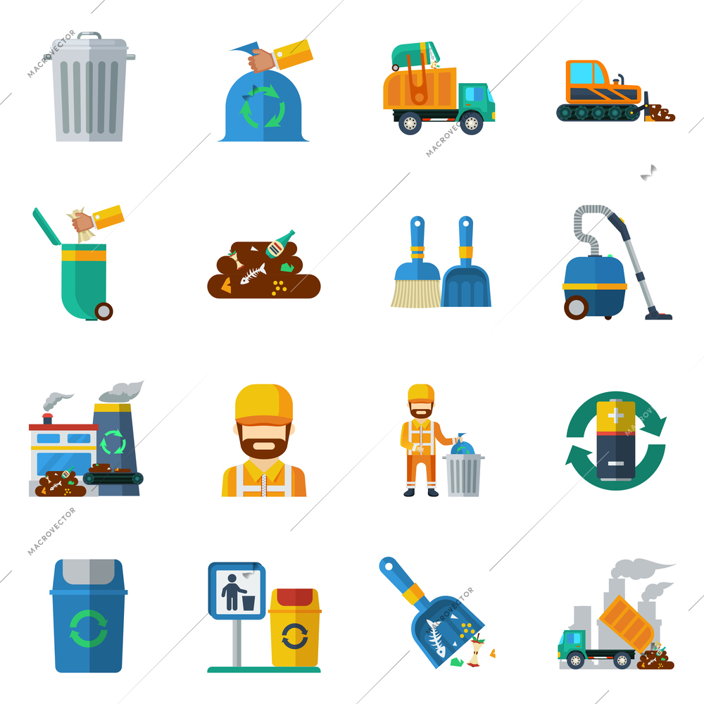 Garbage recycling flat color icons set of dump truck garbage can processing plant isolated vector illustration