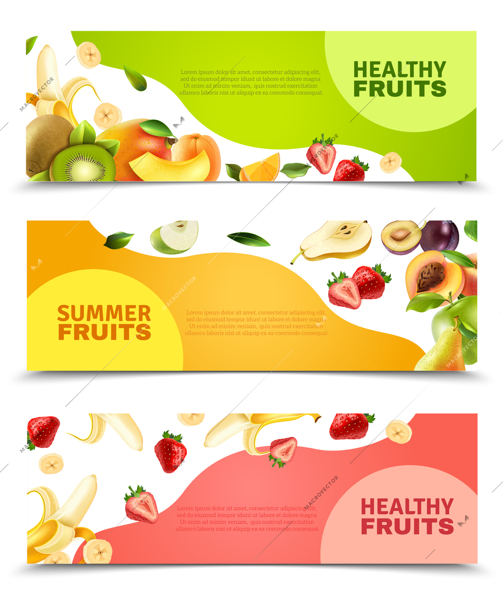 Summer healthy diet organically grown fruits and berries 3 horizontal colorful banners set abstract isolated vector illustration