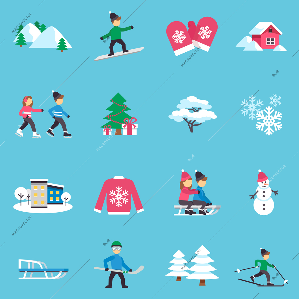 Winter season flat icons collection with presents under christmas tree and warm clothes abstract isolated vector illustration