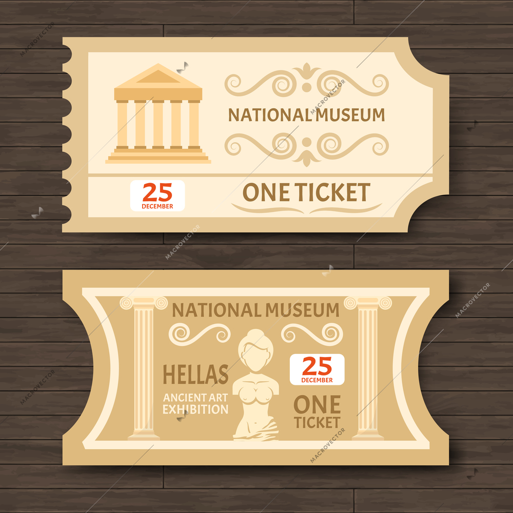 Two vintage museum tickets to  ancient art exhibition with date and image of aphrodite statue flat vector illustration