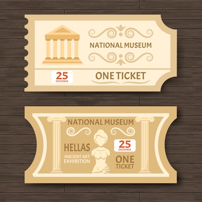 Two vintage museum tickets to  ancient art exhibition with date and image of aphrodite statue flat vector illustration