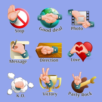 Emblems set of different web social network elements with hand gestures on it cartoon isolated vector illustration