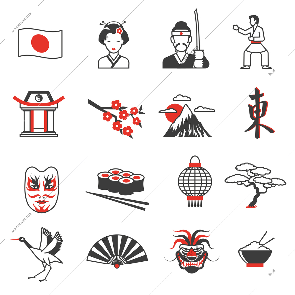 Japan red black icons set with culture and traditions symbols flat isolated vector illustration