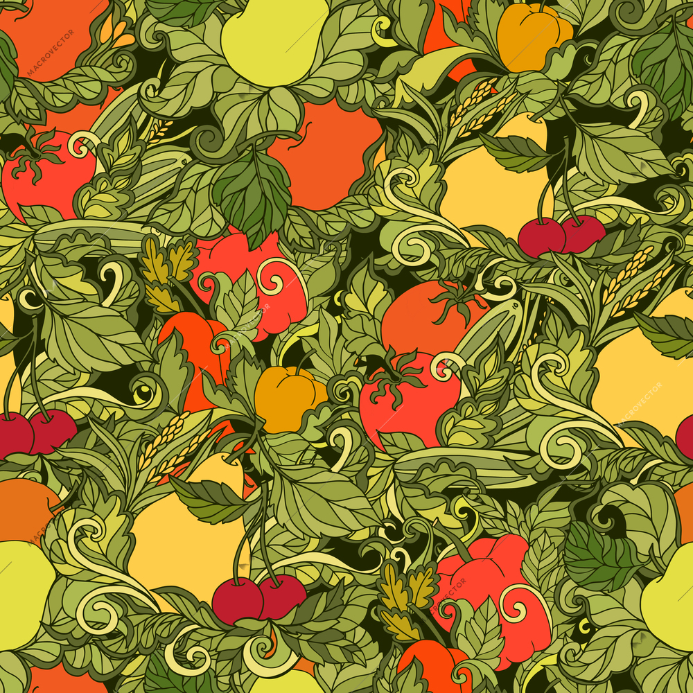 Ornamental leaves vegetables and fruits country style decorative seamless colored background pattern abstract vector illustration