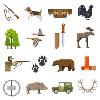 Flat color hunting icons set of wild animals and birds hunter with rifle jeep and bandolier isolated vector illustration