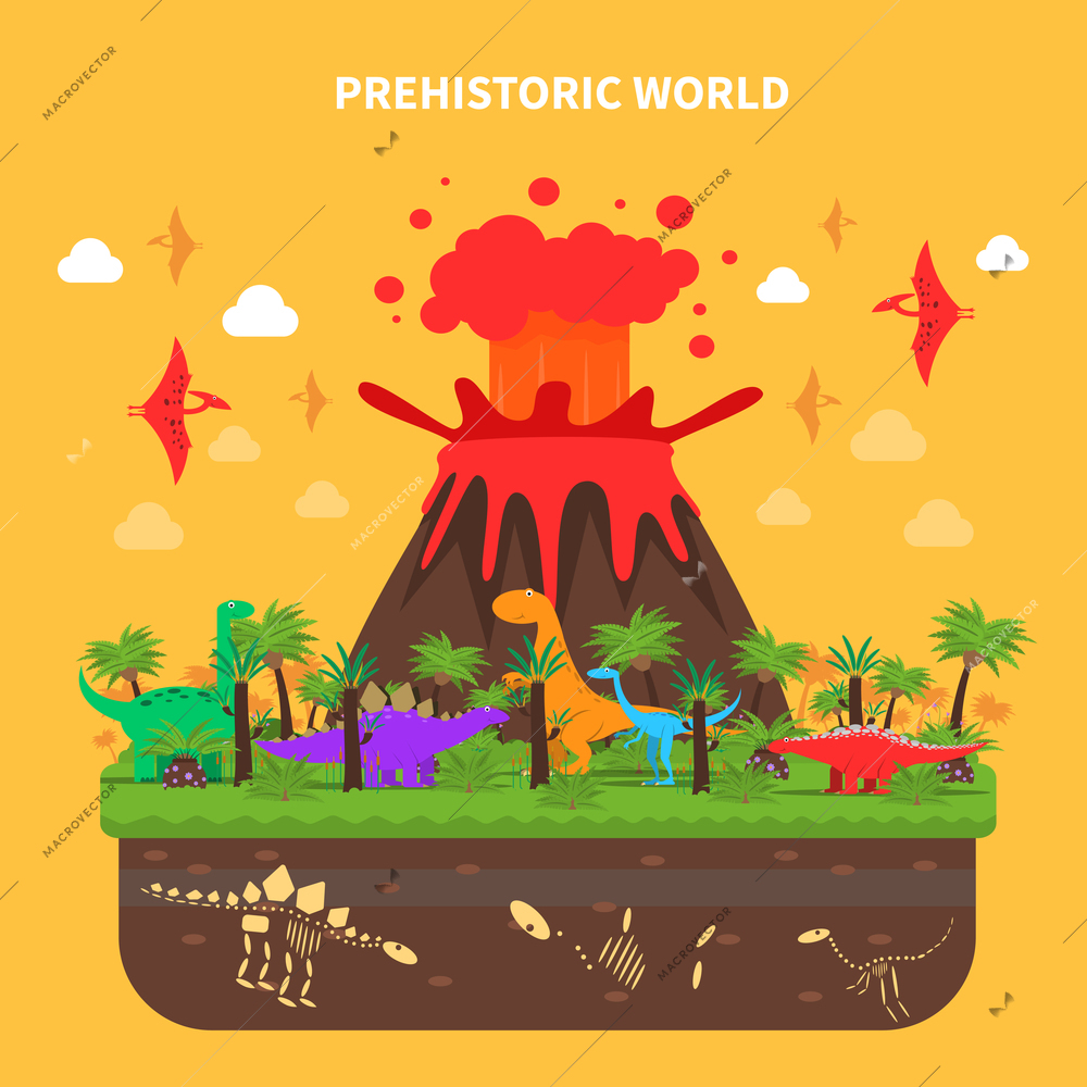 Prehistoric world concept with dinosaurs and volcano eruption vector illustration