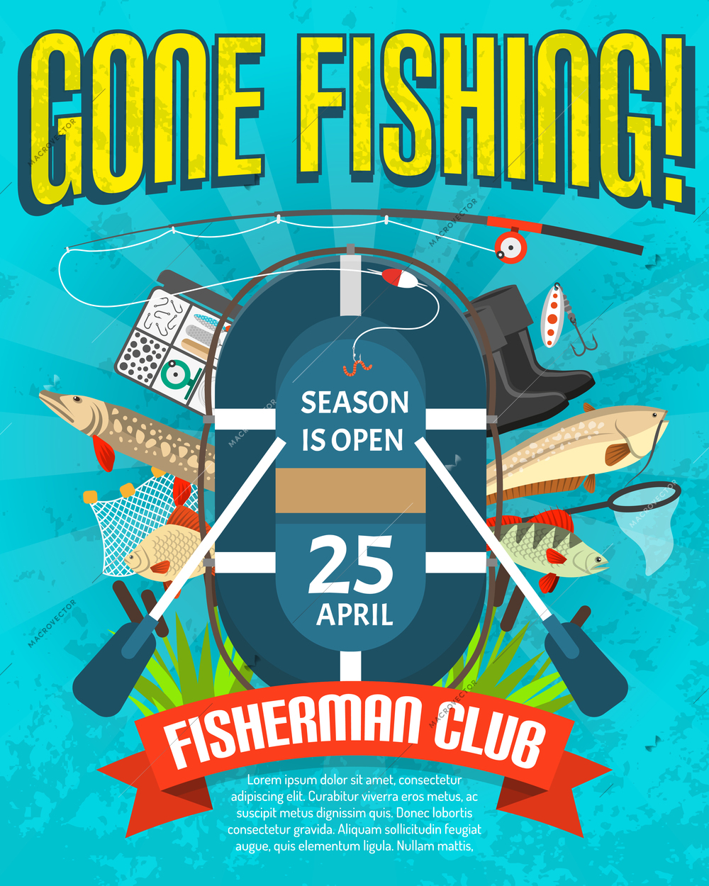 Fishing poster with spinning paddles net fish signs and date of season opening flat vector illustration