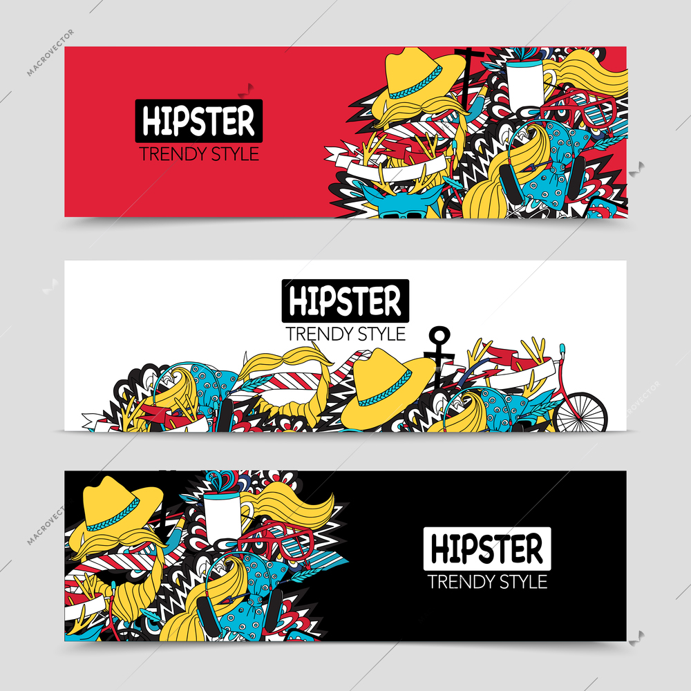 Hipster style fashion trends 3 interactive horizontal banners with white red and black background abstract vector illustration