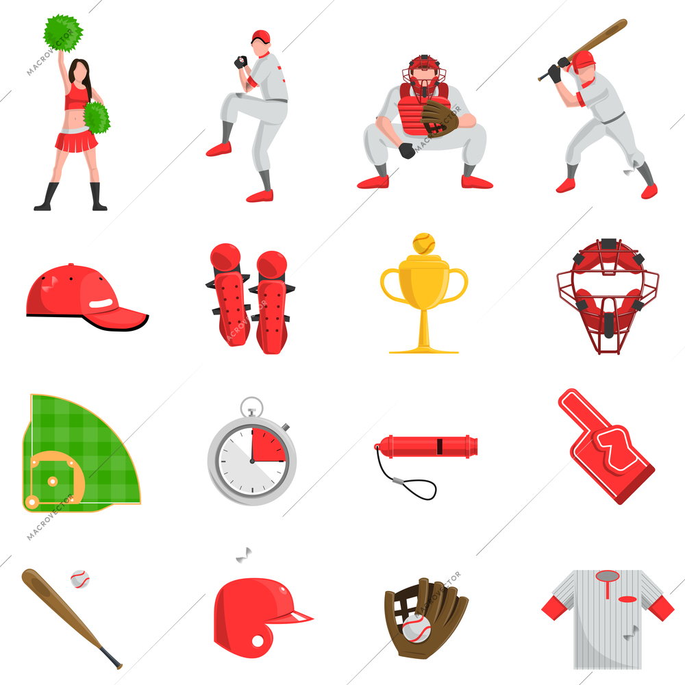 Baseball flat icons set with players fans and sport equipments isolated vector illustration