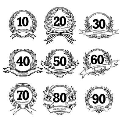 Anniversary labels set for different age black white sketch isolated vector illustration