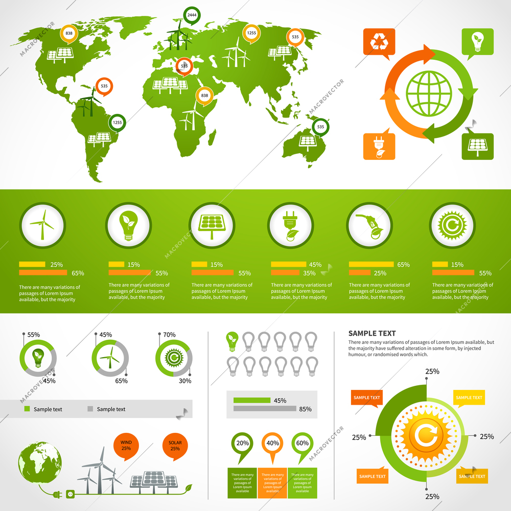 Energy infographics layout design template with eco icons set world map charts and graphs vector illustration