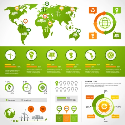 Energy infographics layout design template with eco icons set world map charts and graphs vector illustration