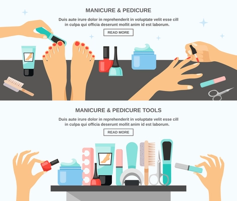 Manicure and pedicure tips tools accessories information 2 flat banners composition webpage design abstract isolated vector illustration