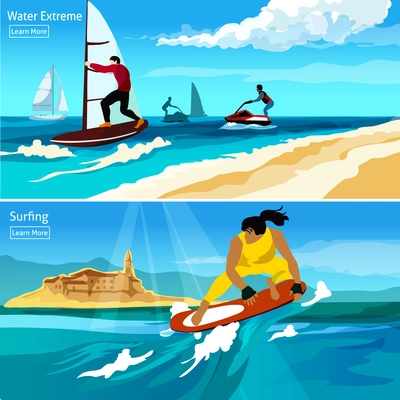 Water extreme and surfing compositions with people  on watercraft surfboard hydrocycle flat vector illustration