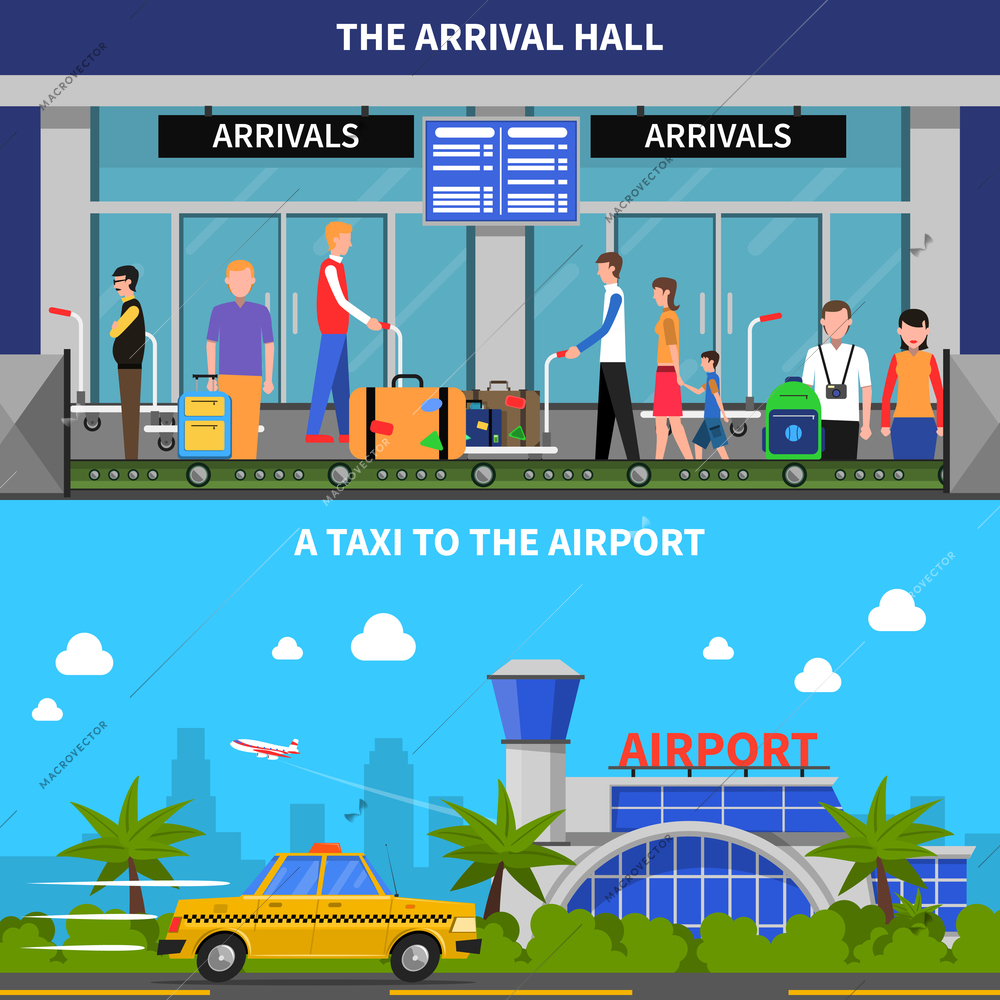 Traveling by plane horizontal banners set with taxi and arrival hall symbols flat isolated vector illustration