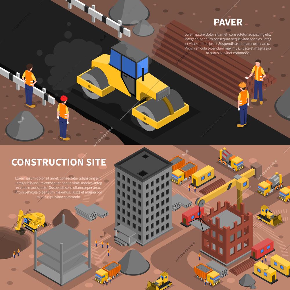 Construction isometric horizontal banners set with construction site symbols isolated vector illustration