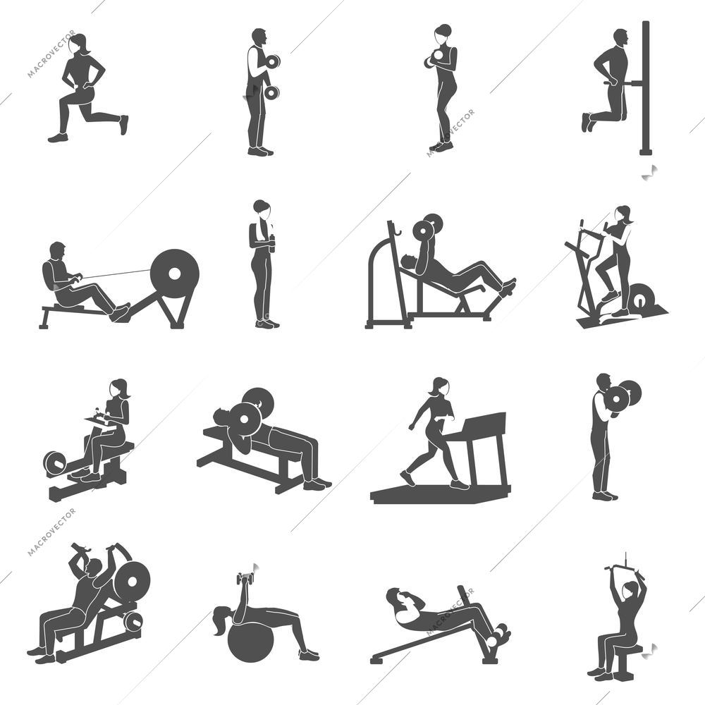 Gym workout black people silhouettes flat set isolated vector illustration
