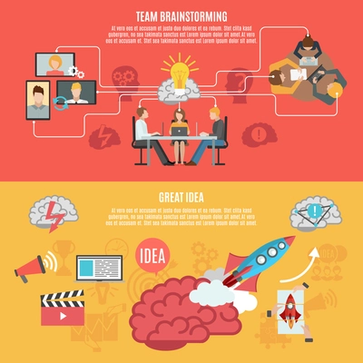 Team brainstorming work for creating idea and great idea metaphor banners flat vector illustration