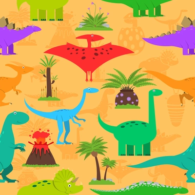 Dinosaurs prehistoric plants and volcano eruption seamless pattern vector illustration