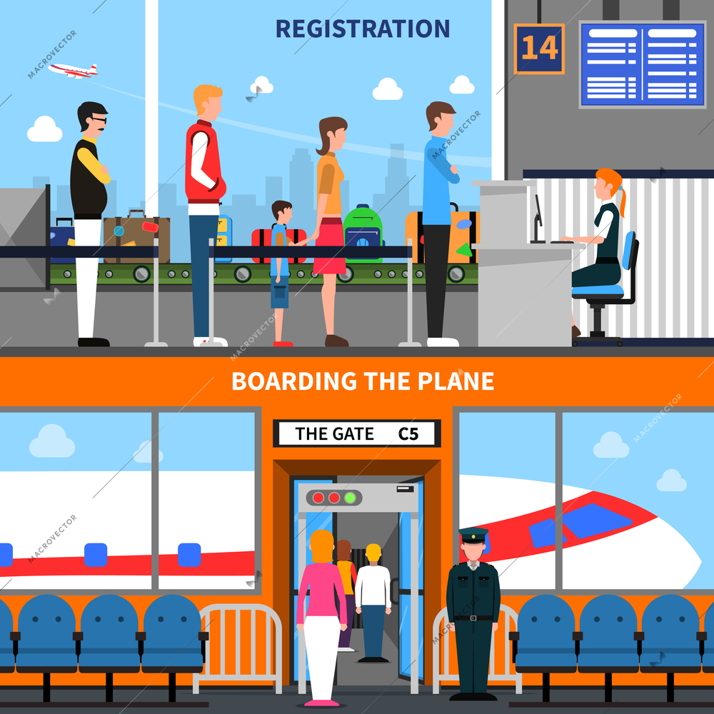Airport horizontal banners set with registration and boarding symbols flat isolated vector illustration