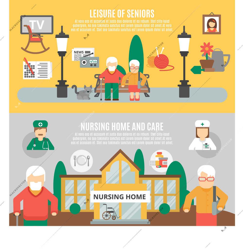 Horizontal flat banners presenting leisure of seniors and nursing home and care vector illustration