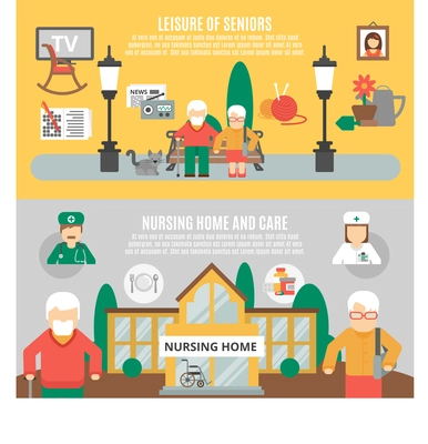 Horizontal flat banners presenting leisure of seniors and nursing home and care vector illustration