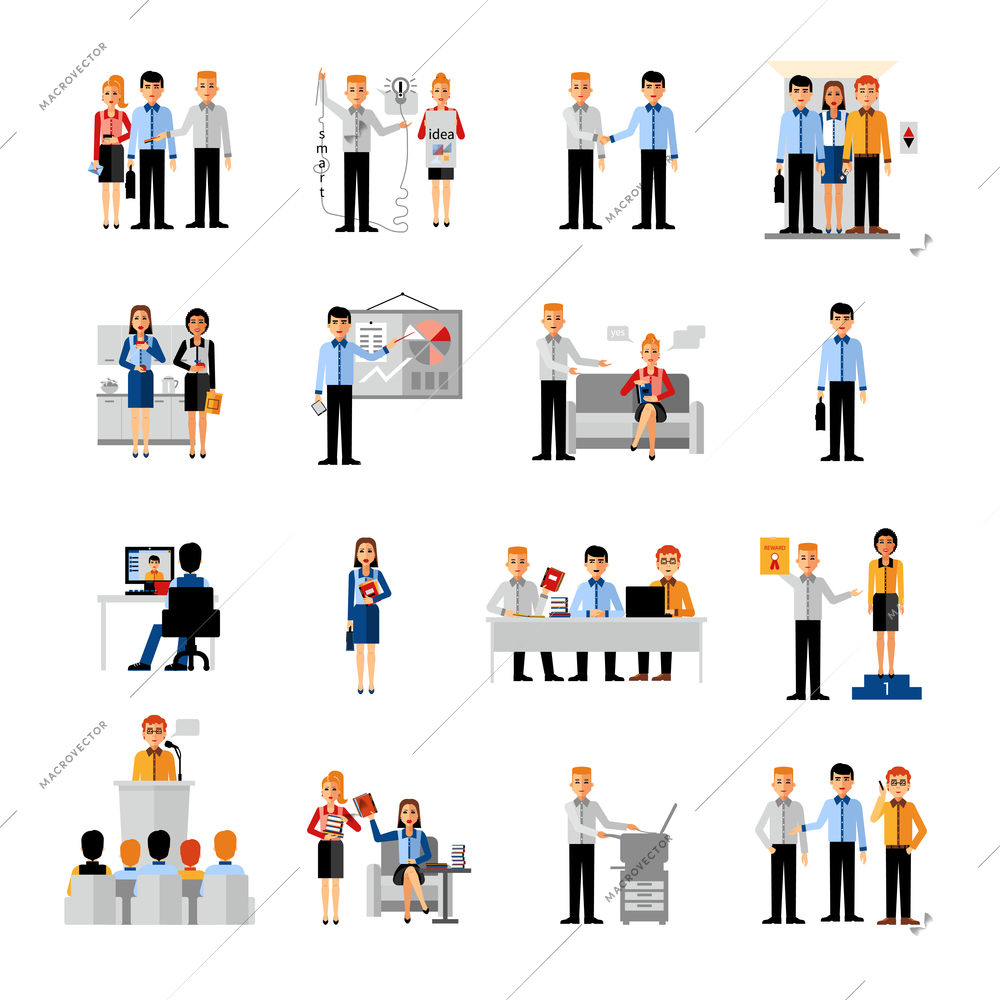 Business people workplace flat icons set with coworkers in auditorium conference hall and at desk isolated vector illustration