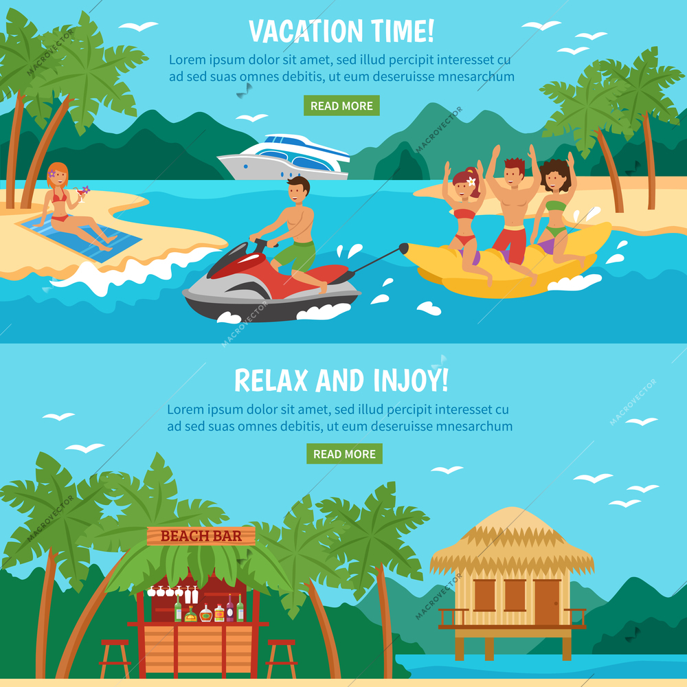 Beach horizontal banner set with tropical vacation activities isolated vector illustration