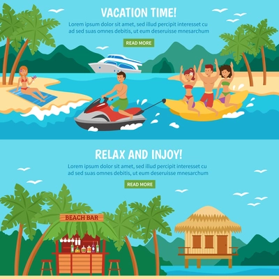 Beach horizontal banner set with tropical vacation activities isolated vector illustration