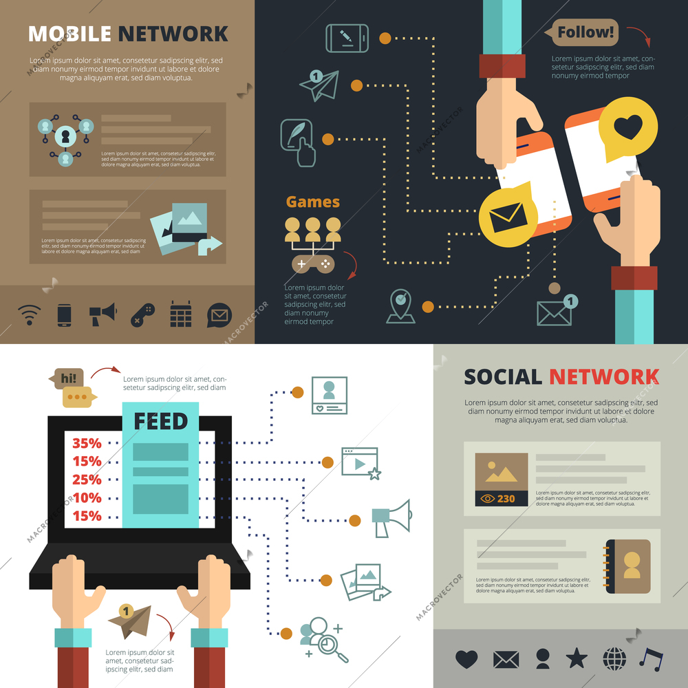 Mobile social network contacts feed flat banners composition with infographic elements and long hands symbol abstract vector illustration